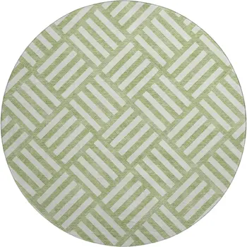 8' Artichoke Green And Ivory Geometric Washable Round Rug With UV Protection