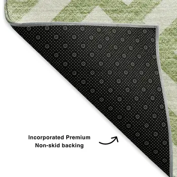 8' Artichoke Green And Ivory Geometric Washable Round Rug With UV Protection