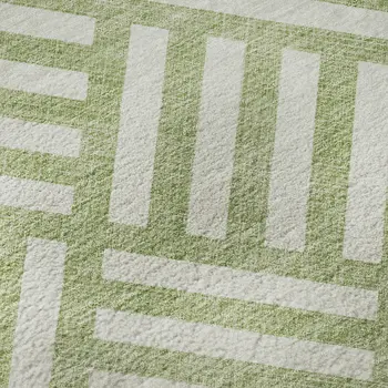 8' Artichoke Green And Ivory Geometric Washable Round Rug With UV Protection