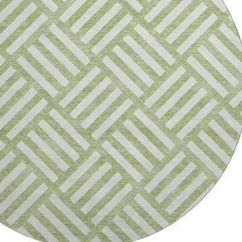 8' Artichoke Green And Ivory Geometric Washable Round Rug With UV Protection