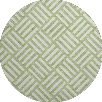 8' Artichoke Green And Ivory Geometric Washable Round Rug With UV Protection