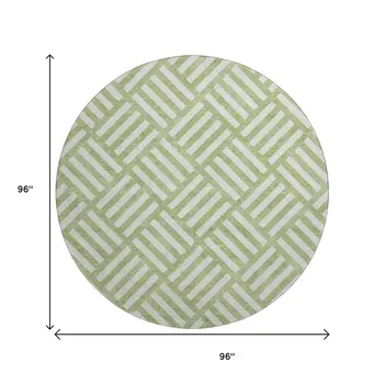 8' Artichoke Green And Ivory Geometric Washable Round Rug With UV Protection