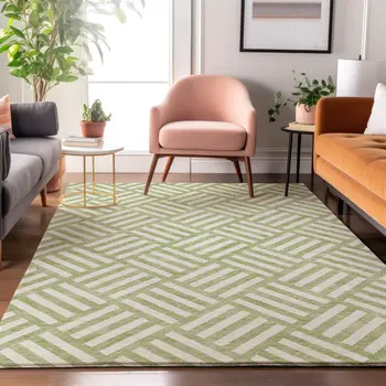9' X 12' Artichoke Green And Ivory Geometric Washable Area Rug With UV Protection