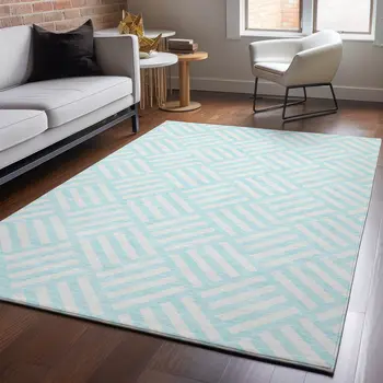 5' X 8' Aqua And Ivory Geometric Washable Area Rug With UV Protection