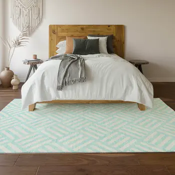 5' X 8' Aqua And Ivory Geometric Washable Area Rug With UV Protection