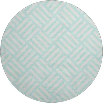 8' Aqua And Ivory Geometric Washable Round Rug With UV Protection