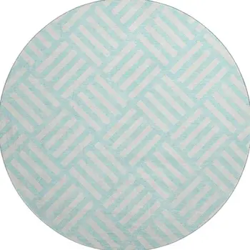 8' Aqua And Ivory Geometric Washable Round Rug With UV Protection