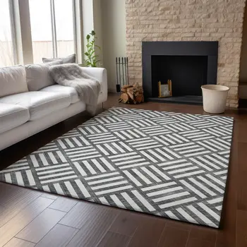 3' X 5' Black And Ivory Geometric Washable Area Rug With UV Protection