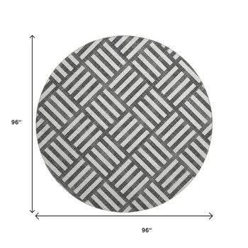 8' Black And Ivory Geometric Washable Round Rug With UV Protection