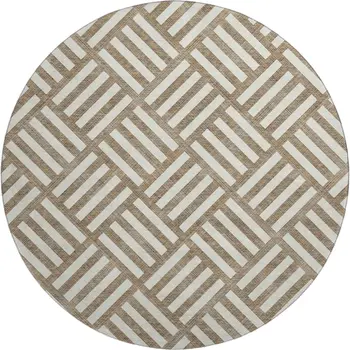 8' Brown And Ivory Geometric Washable Round Rug With UV Protection