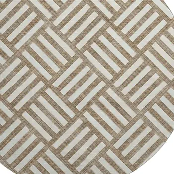 8' Brown And Ivory Geometric Washable Round Rug With UV Protection