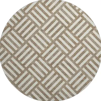 8' Brown And Ivory Geometric Washable Round Rug With UV Protection