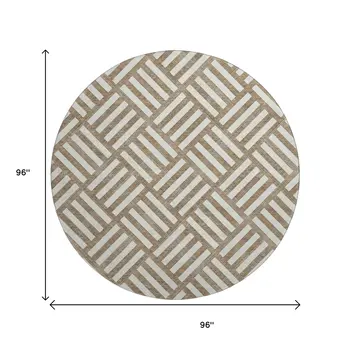8' Brown And Ivory Geometric Washable Round Rug With UV Protection