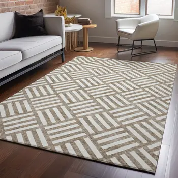 8' X 10' Brown And Ivory Geometric Washable Area Rug With UV Protection