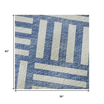 3' X 5' Blue And Ivory Geometric Washable Area Rug With UV Protection