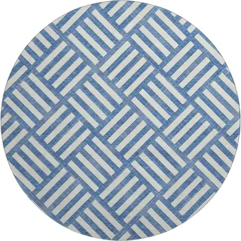 8' Blue And Ivory Geometric Washable Round Rug With UV Protection