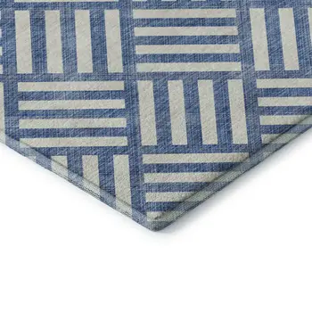 8' Blue And Ivory Geometric Washable Round Rug With UV Protection