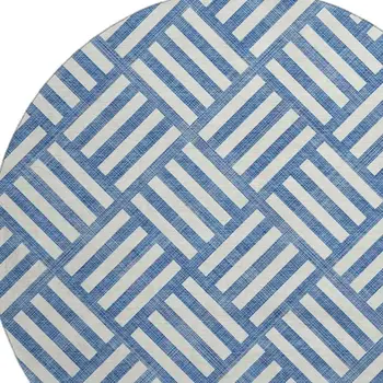 8' Blue And Ivory Geometric Washable Round Rug With UV Protection