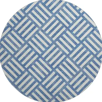 8' Blue And Ivory Geometric Washable Round Rug With UV Protection