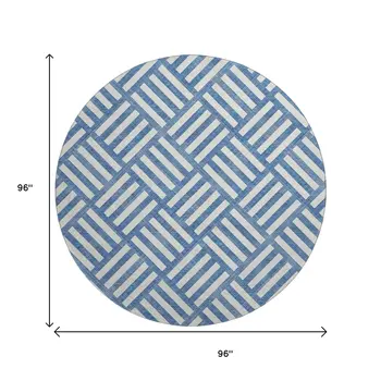 8' Blue And Ivory Geometric Washable Round Rug With UV Protection