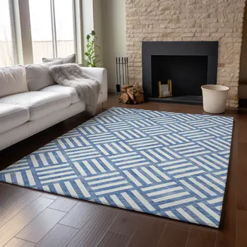 9' X 12' Blue And Ivory Geometric Washable Area Rug With UV Protection