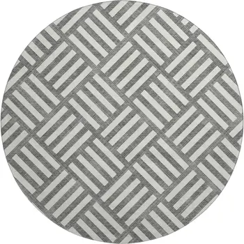 8' Charcoal And Ivory Geometric Washable Round Rug With UV Protection
