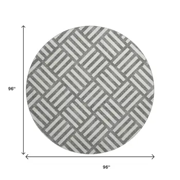8' Charcoal And Ivory Geometric Washable Round Rug With UV Protection
