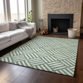 3' X 5' Green And Ivory Geometric Washable Area Rug With UV Protection