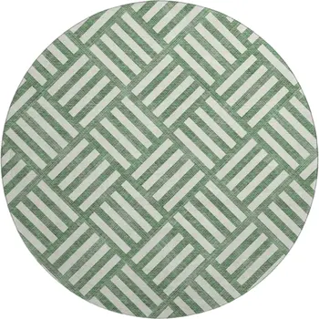 8' Green And Ivory Geometric Washable Round Rug With UV Protection