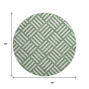 8' Green And Ivory Geometric Washable Round Rug With UV Protection