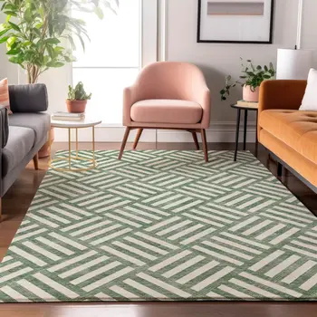 8' X 10' Green And Ivory Geometric Washable Area Rug With UV Protection