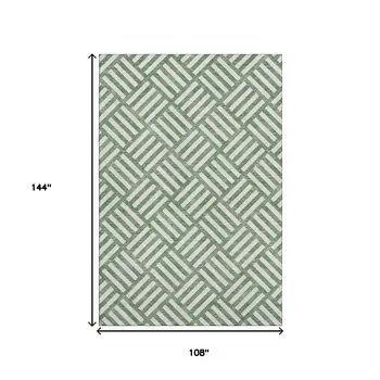 9' X 12' Green And Ivory Geometric Washable Area Rug With UV Protection