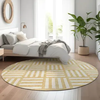 8' Gold And Ivory Geometric Washable Round Rug With UV Protection