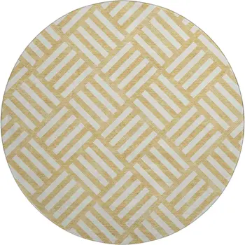 8' Gold And Ivory Geometric Washable Round Rug With UV Protection