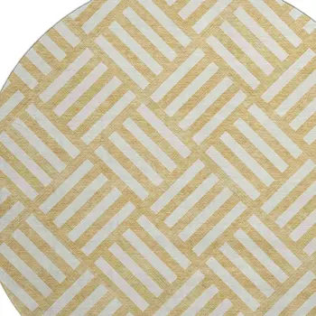 8' Gold And Ivory Geometric Washable Round Rug With UV Protection