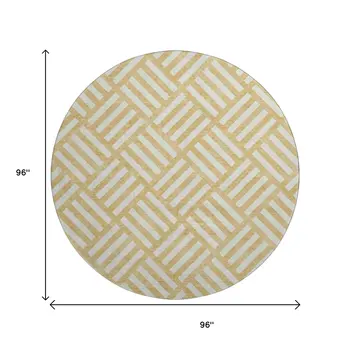 8' Gold And Ivory Geometric Washable Round Rug With UV Protection