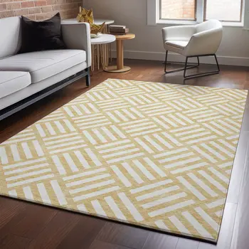 10' X 14' Gold And Ivory Geometric Washable Area Rug With UV Protection