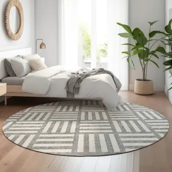 8' Gray And Ivory Geometric Washable Round Rug With UV Protection