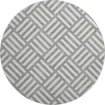 8' Gray And Ivory Geometric Washable Round Rug With UV Protection