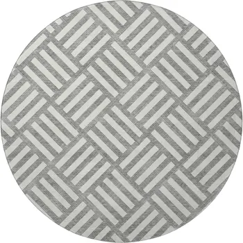 8' Gray And Ivory Geometric Washable Round Rug With UV Protection