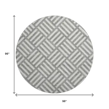 8' Gray And Ivory Geometric Washable Round Rug With UV Protection