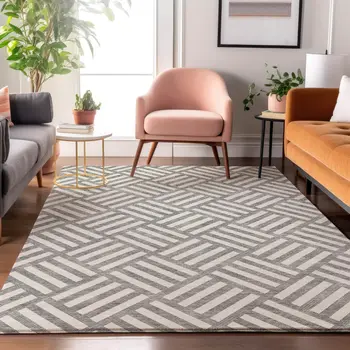 9' X 12' Gray And Ivory Geometric Washable Area Rug With UV Protection