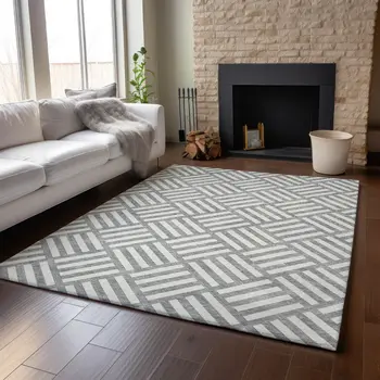 9' X 12' Gray And Ivory Geometric Washable Area Rug With UV Protection