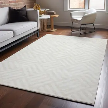 3' X 5' Ivory And Beige Geometric Washable Area Rug With UV Protection