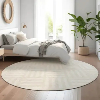 8' Ivory And Beige Geometric Washable Round Rug With UV Protection
