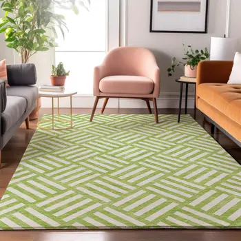5' X 8' Lime Green And Ivory Geometric Washable Area Rug With UV Protection