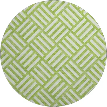 8' Lime Green And Ivory Geometric Washable Round Rug With UV Protection