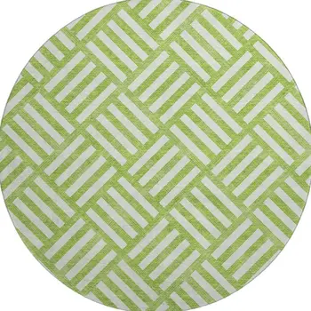 8' Lime Green And Ivory Geometric Washable Round Rug With UV Protection