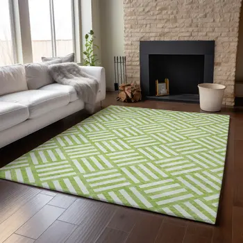 9' X 12' Lime Green And Ivory Geometric Washable Area Rug With UV Protection