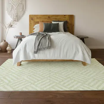 8' X 10' Mint Green And Ivory Geometric Washable Area Rug With UV Protection